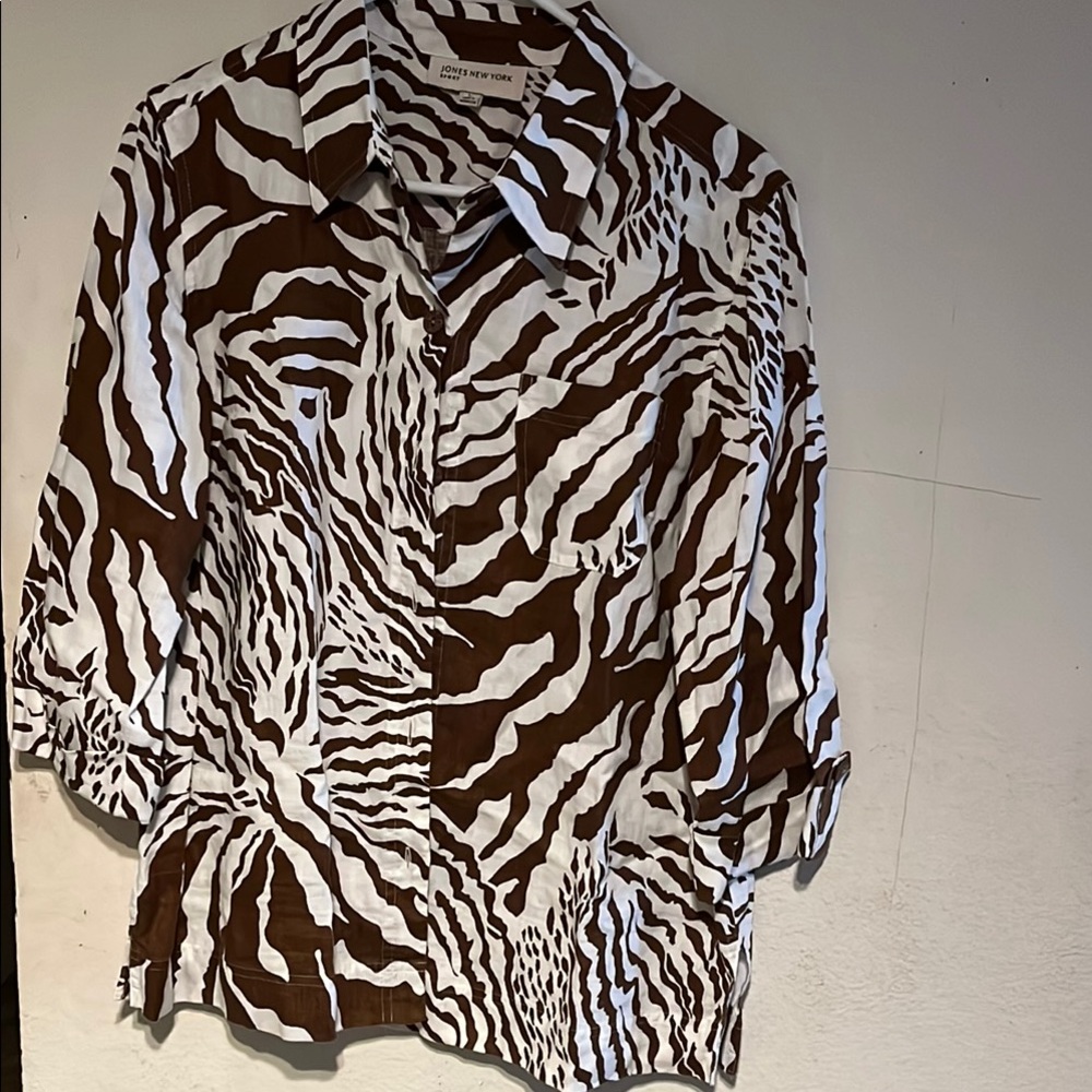Jones New York Brown and White Zebra Print Blouse
